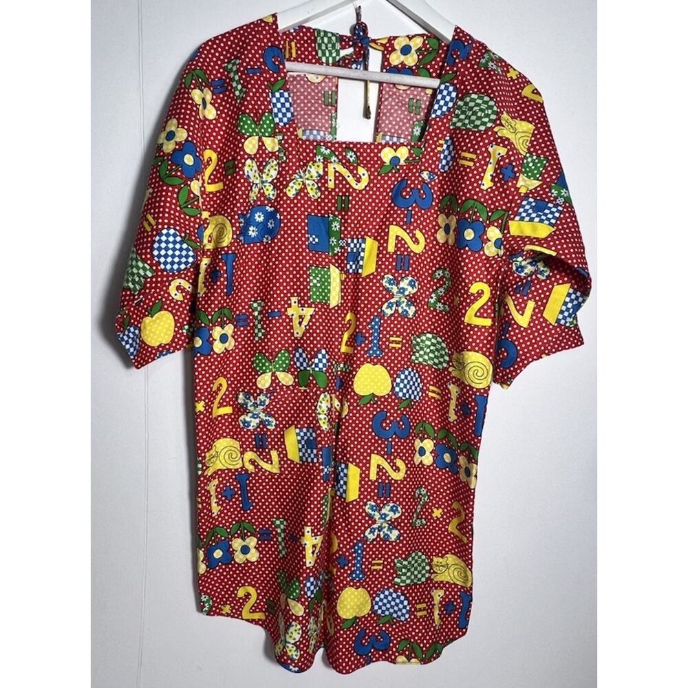Vintage art Smock Cat Flowers Numbers Red White Polka Dot Teacher Art Class